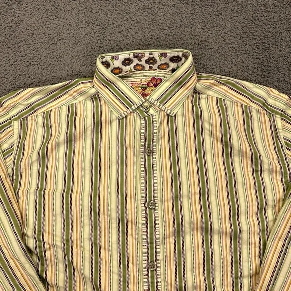 Robert Graham Shirt Mens Large Green Striped Woven Flip Cuff Geometric Going Out - Picture 2 of 13
